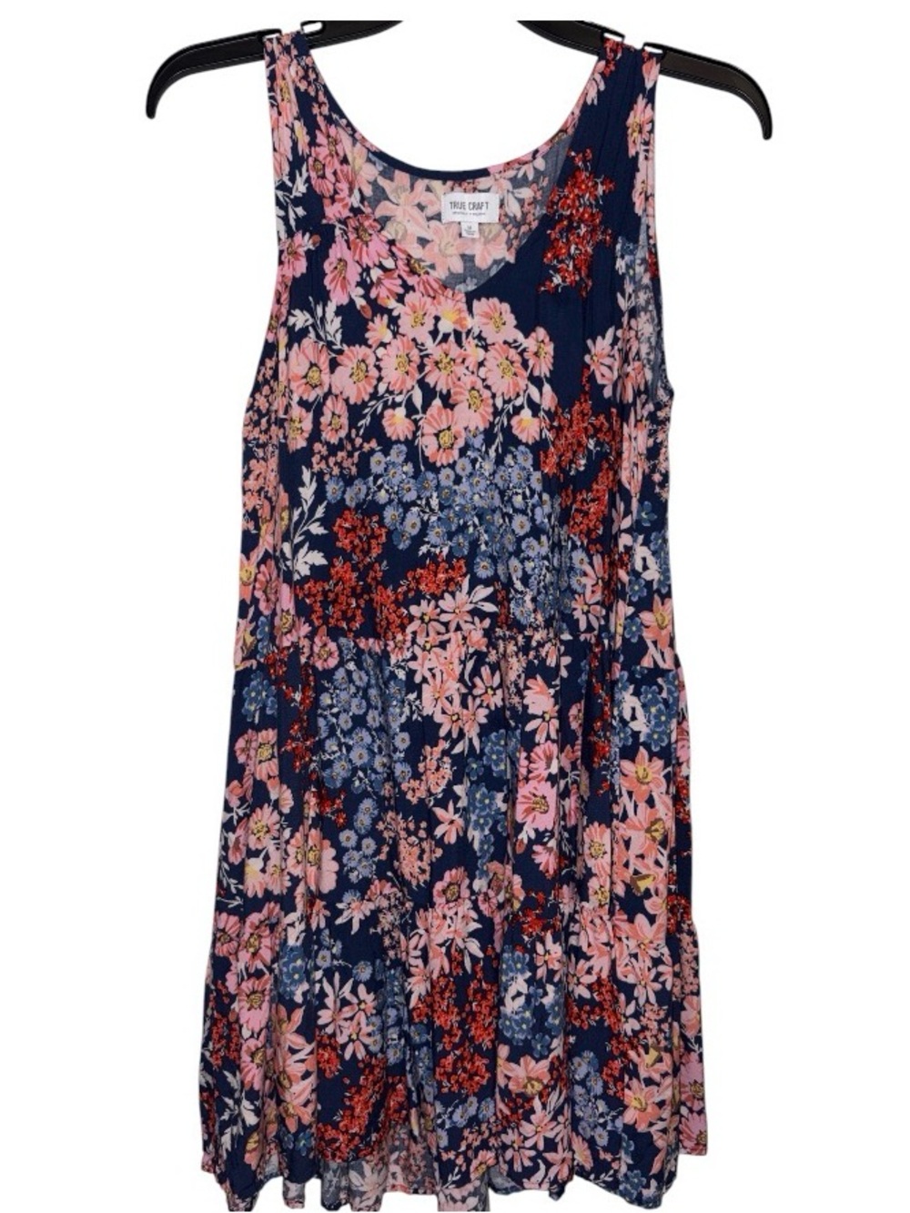 True Craft Navy & Floral Big Twirl Cotton Dress